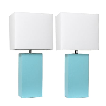 Feeltheglow Modern Leather Table Lamps, Aqua with White Fabric Shades, 2PK FE2519717
